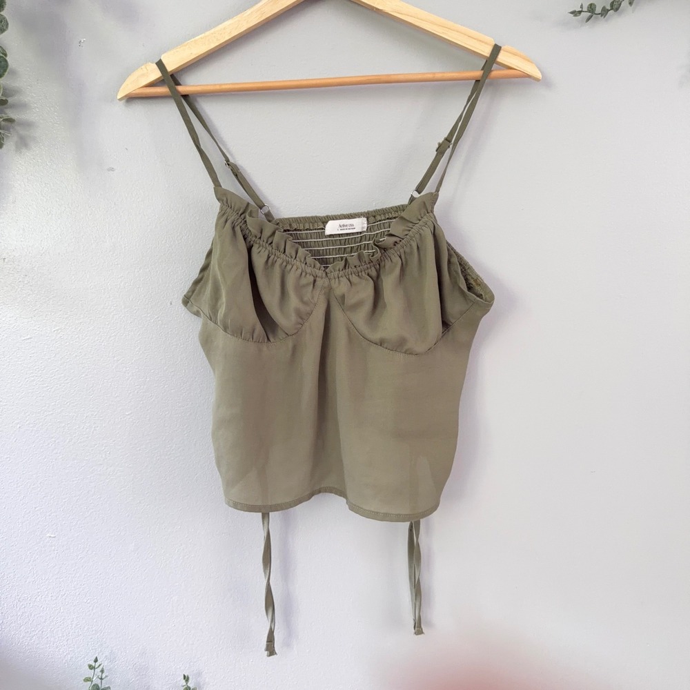 Active USA Cami Top Milkmaid Babydoll Olive Green Smocked Back Bustier Large